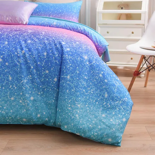 Vista 6 de A Nice Night Juego de ropa de cama de 6 piezas con purpurina degradada para niñas, tamaño Twin, juego de edredón colorido de galaxia arcoíris, Azul