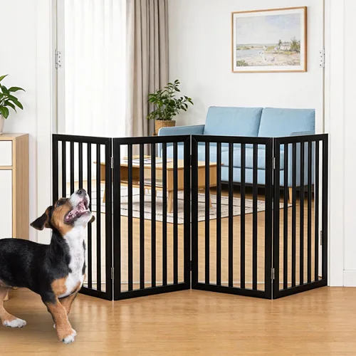 Vista 20 de Puerta para perros para interiores, valla independiente para perros, para la casa, puertas, pasillos o escaleras, puerta para mascotas plegable