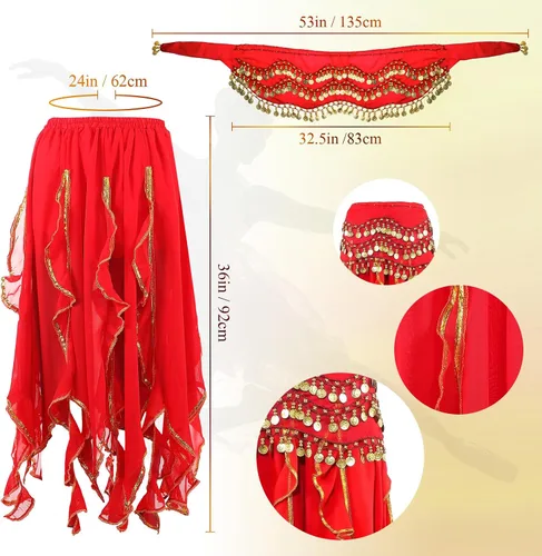 Vista 17 de Haysandy Conjunto de 8 piezas de danza del vientre para mujer, falda de danza del vientre, bufanda de cadera, 2 pulseras, aretes, pulsera de tobillo