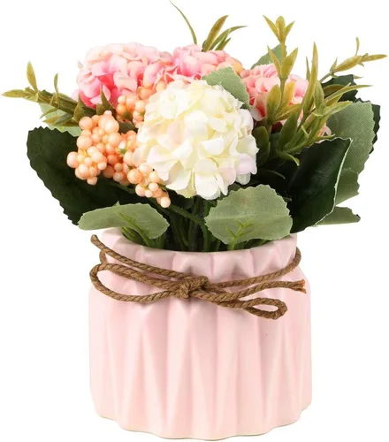 Vista 4 de SUPNIU Ramo de hortensias artificiales con pequeño jarrón de cerámica de seda falsa, bolas de flores variadas, decoración de flores para mesa, Azul