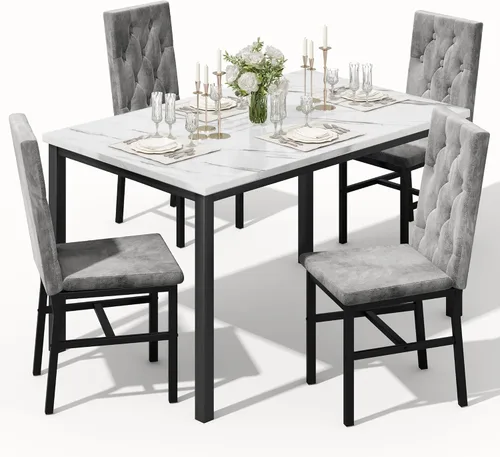 Vista 8 de Juego de mesa de comedor Hooseng para 4, mesa pequeña de cocina de mármol sintético con juego de sillas de 4 con lujosas sillas acolchadas de botón