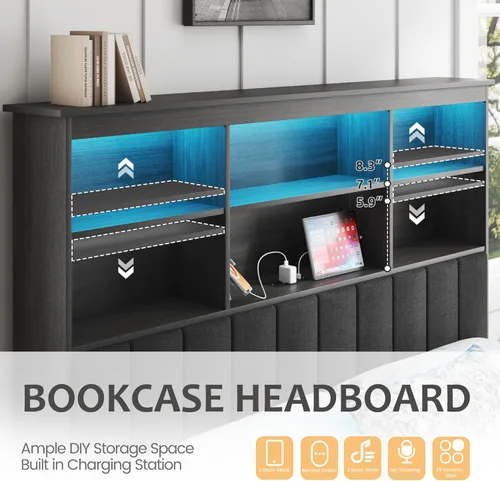 Vista 3 de HISOFT Base de cama matrimonial con cabecera de almacenamiento, cama de madera con estantería de alto almacenamiento, 4 cajones, LED y estación