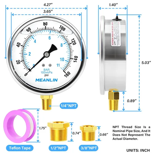 Vista 206 de MEANLIN MEASURE - Vacuómetro de presión de vacío de acero inoxidable, esfera con cara de 2.5 pulgadas, NPT de 1/8 de pulgada, montaje trasero