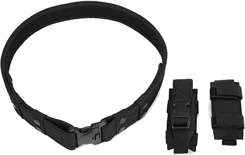 Vista 4 de REEBOW GEAR Cinturón táctico de alta resistencia, ajustable, uniforme de policía, Airsoft, cinturones de cintura con bolsas dobles Mag, color negro