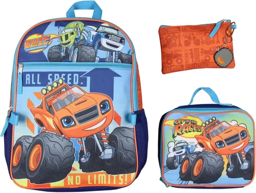 Blaze and the Monster Machines - Mochila de 5 piezas, caja de almuerzo, estuche para lápices, llavero y mosquetón de metal, Multi colorido