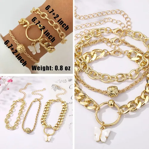 Vista 6 de IFKM 6 PACK (24 PCS) Boho Gold Chain Bracelets Set for Women Girls, 14K Gold Plated Multiple Layered Stackable Open Cuff Wrap Bangle Adjustable Link