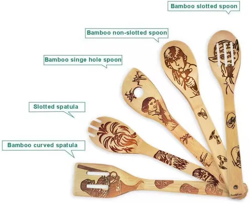 Vista 2 de Juego de 5 cucharas de madera para cocinar, cucharas de bambú talladas, accesorios de cocina para cocinar, utensilios de cocina, espátulas, regalos