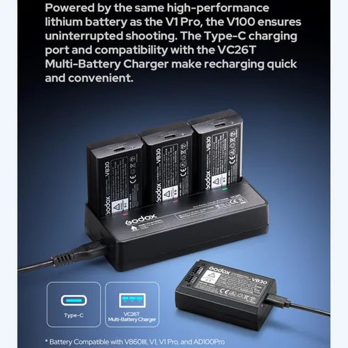 Vista 9 de Godox V100C V100-C 100Ws TTL Flash para cámaras Canon, 400 disparos a potencia completa, tiempo de reciclaje de 1.7s, inalámbrico 2.4G con flash