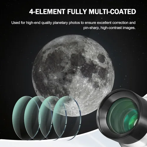 Vista 5 de Astromania Barlow Lens 2x, 2 pulgadas, 4 elementos totalmente multicapa de metal de alta potencia, accesorio de telescopio con anillo interno