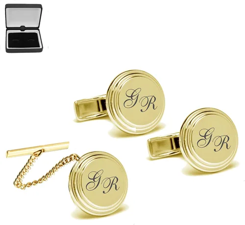 Vista 3 de Gemelos de círculo biselado de oro personalizado y cadena de alfiler de corbata, monograma personalizado grabado gratis, tachuela de corbata - Se