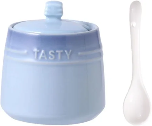 Colorido tarro de especias de cerámica caja de condimentos olla de condimentos azucarero con tapa cuchara azul