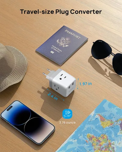 Vista 5 de TROND Adaptador de enchufe de viaje europeo - Convertidor de adaptador de corriente internacional para Europa con 3 tomacorrientes 2 USB, adaptador