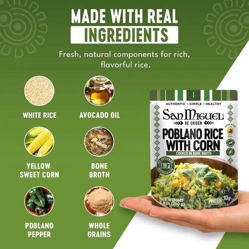 Vista 3 de San Miguel Microondas Poblano Arroz Maíz, 0.35 oz Proteína Arroz poblano con maíz • Caldo de huesos • Aceite de aguacate • 0.35 oz de proteína • Sin