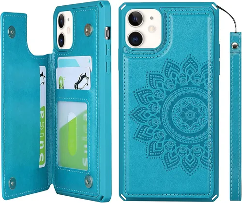 Vista 17 de iCoverCase Funda compatible con iPhone 11 con tarjetero para mujer, bloqueo RFID en relieve, piel sintética con correa de muñeca de 6.1 pulgadas