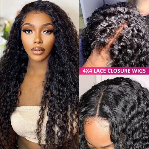 Vista 8 de FIRIEYA Pelucas de cabello humano ondulado profundo con encaje frontal para mujeres negras, densidad del 180 %, 4 x 4, HD, transparente, cierre