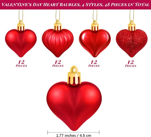 Vista 2 de Elcoho 48 bolas colgantes en forma de corazón para el día de San Valentín, decoración de árbol de San Valentín para decoración del día de San Rojo