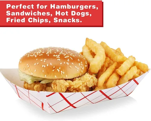 Vista 9 de Bandejas de papel para alimentos, papel a cuadros rojo y blanco. Mediano (2 libras). Paquete de 50 botes desechables y reciclables. Para