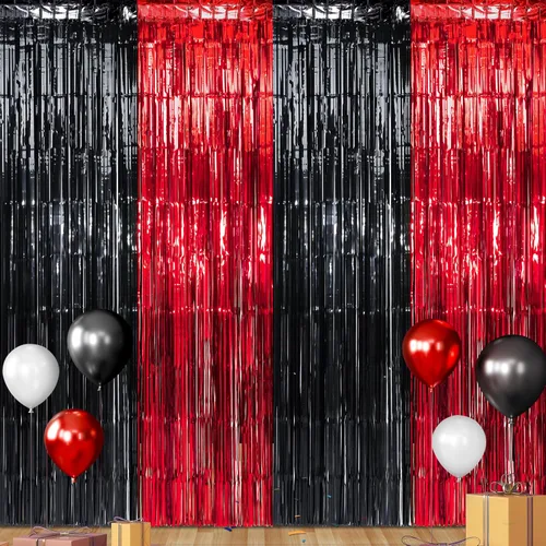 Vista 16 de Pack de 6 Cortinas de 1 m x 2 m con Flecos de Aluminio para Graduación, Cortinas de Oropel Metálico en Oro Negro, Tiras de Papel de Aluminio