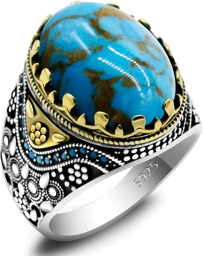 Retro Natural Turquoise Ring for Men, 925 Sterling Silver Oval Sky Blue Stone Statement Ring,Turkish Vintage Engraving Design Handmade
