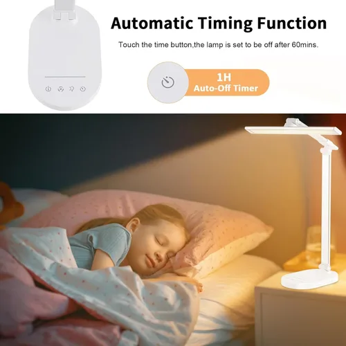 Vista 8 de Lámpara de escritorio LED, lámpara de mesa regulable con puerto de carga USB, 5 modos de iluminación, control sensible, temporizador de apagado