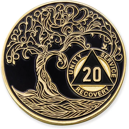 Vista 78 de 1 año Sobriety Mint Twisted Tree of Life Medallón de recuperación AA chapado en oro, chip/ficha - negro