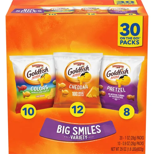 Goldfish Crackers Big Smiles con galletas Cheddar, Colors y Pretzel, paquetes de aperitivos, caja de 30 CT
