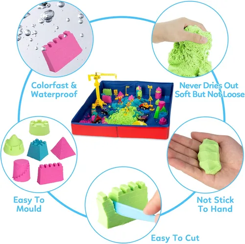 Vista 5 de ThinkMax Kit de arena para niños, arena de 3 libras, 6 mini camiones de construcción, juguetes, letreros, moldes de castillo, herramientas, caja