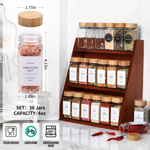 Vista 2 de DWTS DANWEITESI 36 tarros de vidrio para especias, 4 onzas con tapas de bambú, botellas vacías con etiquetas, tarros de especias de cocina con tapas