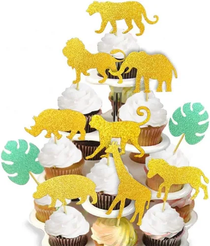 ALISSAR Paquete de 40 adornos para cupcakes de animales de la selva con purpurina, temática de selva de safari, baby shower, fiesta, pasteles,