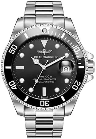 ROAD WARRIOR Submariner Relojes de cuarzo para hombre Pro Diver Silver Dial Color - Negro, Reloj de acero inoxidable con caja luminosa, Negro -,