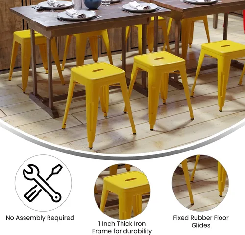 Vista 14 de Flash Furniture Taburete de metal para mesa de comedor, taburete de grado comercial Kai morado sin espalda, silla de comedor apilable de 18