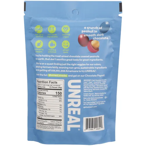 Vista 2 de UNREAL Gemas de Chocolate Oscuro con Maní - Certificado Vegano Comercio Justo, Sin OMG - Hecho con Ingredientes Sin Gluten