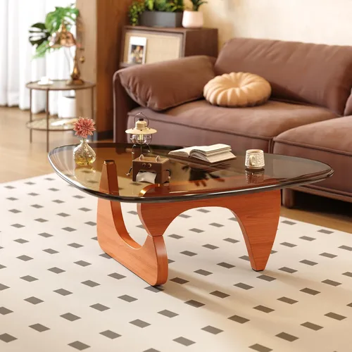 Vista 10 de Mesa de café para sala de estar, mesa central moderna de mediados de siglo con tapa de vidrio y madera, marrón/negro