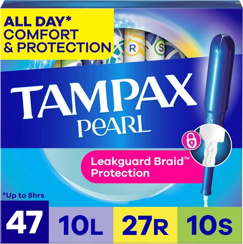 Tampax Pearl Tampones para Mujeres Paquete Múltiple, con Trenza LeakGuard, Absorción Ligera/Regular/Súper, Sin Fragancia, 47 Unidades