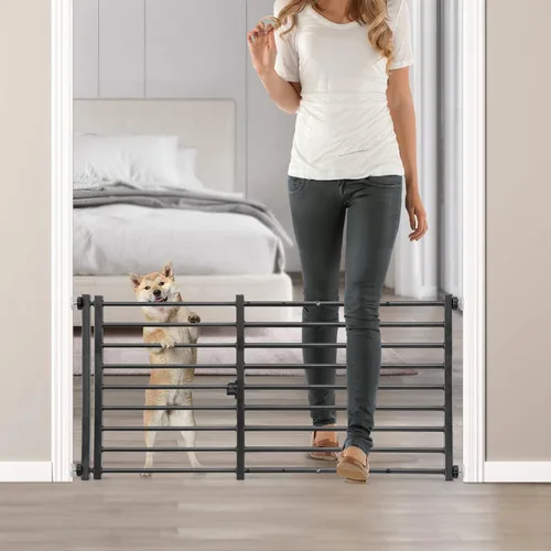 Vista 9 de Malier Puerta de interior para perros con puerta, puerta extra ancha de metal para mascotas, puerta corta para perros para escaleras, montaje a