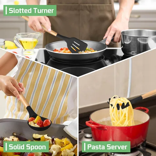Vista 4 de TeamFar Juego de 6 utensilios de cocina de silicona, utensilios de cocina con asas de madera, espátula ranurada, cucharón de sopa, cuchara