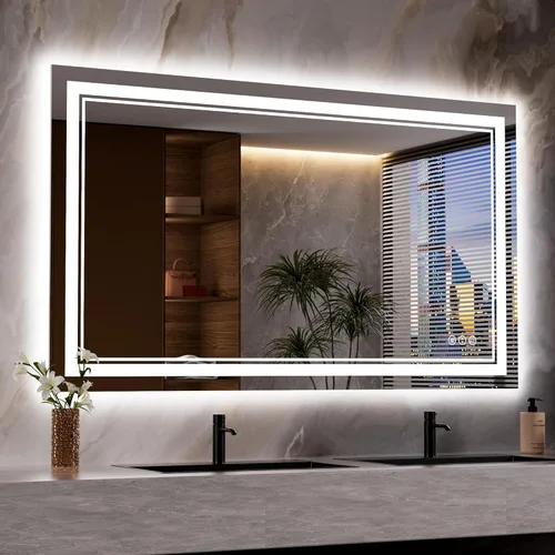 Vista 51 de Espejo de baño LED de 40 x 36 pulgadas con luces, retroiluminado y frontal iluminado para pared, antiempañamiento, regulable, memoria inastillable
