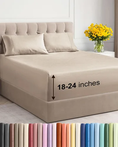 Vista 30 de Juego de sábanas de bolsillo extraprofundo, transpirables, refrescantes, suaves, de ajuste fácil y seguro, sin arrugas y cómodas, para hotel, 4