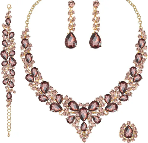Conjunto de joyería de 4 piezas de cristal austríaco que incluye aretes, brazalete y collar, ideales como accesorios de novia, para fiestas, para