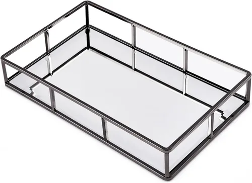 Vista 10 de Bandeja con espejo PuTwo, bandeja dorada para cómoda, bandeja decorativa de metal, bandeja de joyas y perfumes, bandeja para maquillaje