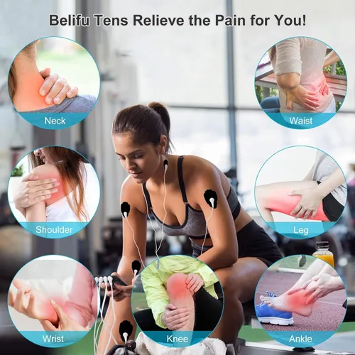 Vista 3 de Belifu - Unidad TENS de 4 canales con estimulador muscular electro, completamente aislado con 24 modos independientes, masajeador de pulso