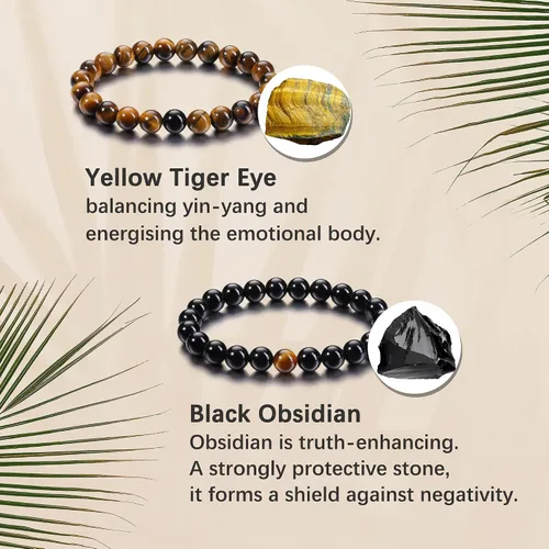 Vista 6 de Jovivi 2pcs 8mm Amethyst Obsidian Tiger Eye Healing Crystal Stone Bracelets Amatista y obsidiana negra