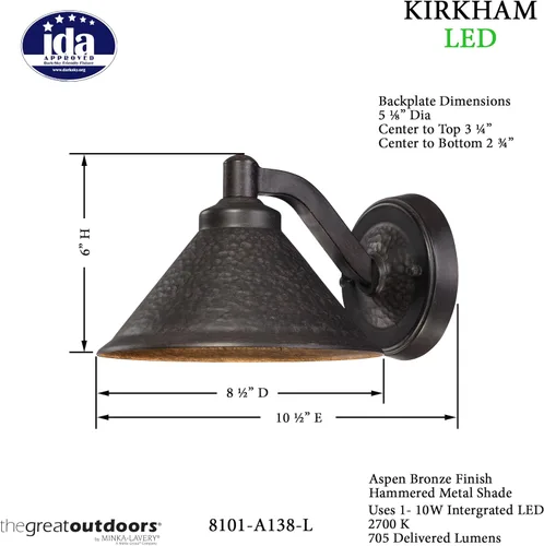 Vista 4 de Minka Lavery Lámpara de pared al aire libre 8101-A138-L Kirkham Aluminio Dark Sky Exterior LED Wall Lantern, bronce