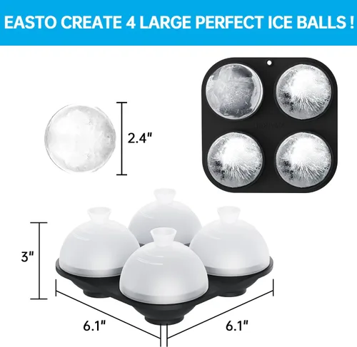 Vista 5 de HONYAO Molde de silicona para bolas de hielo para whisky, bandejas grandes para cubitos de hielo de 2.4 pulgadas, moldes de silicona con tapas