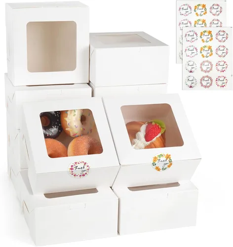 Vista 8 de LotFancy 60 cajas de panadería marrones con ventana, 4 x 4 x 2.5 pulgadas, cajas pequeñas para galletas, mini cajas de golosinas para mini pasteles