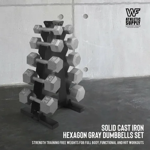 Vista 5 de WF Athletic Supply Juego de mancuernas de hierro fundido de 5 a 25 libras con estante de almacenamiento de marco, pesas libres hexagonales