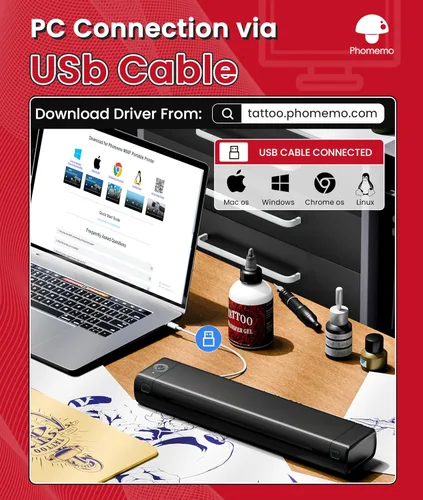 Vista 5 de Phomemo Impresora de plantillas de tatuaje, impresora térmica inalámbrica de tatuaje con 10 piezas de papel de transferencia, suministros de cuidado