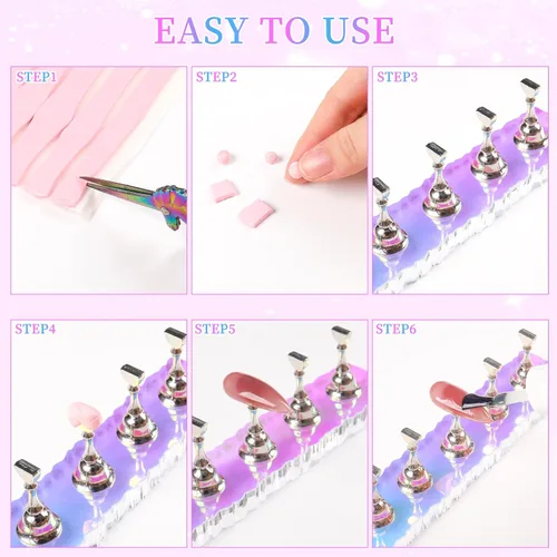 Vista 7 de ANGNYA Juego de 2 Soportes para Uñas, Soporte de Uñas Aurora para Pintar Soporte de Uñas para Presionar con 96 Piezas de Masilla Adhesiva