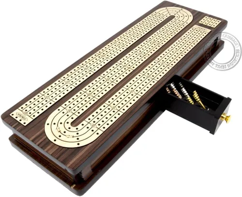Vista 3 de House of Cribbage - Tabla continua para cuna con incrustaciones de 4 pistas de palisandro/arce con tapas deslizantes y cajón