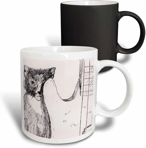 Vista 10 de 3dRose cat hiding behind bass guitar sketch taza, 11 oz, negro